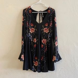 Free People Black Floral Print Open Back Dress L
